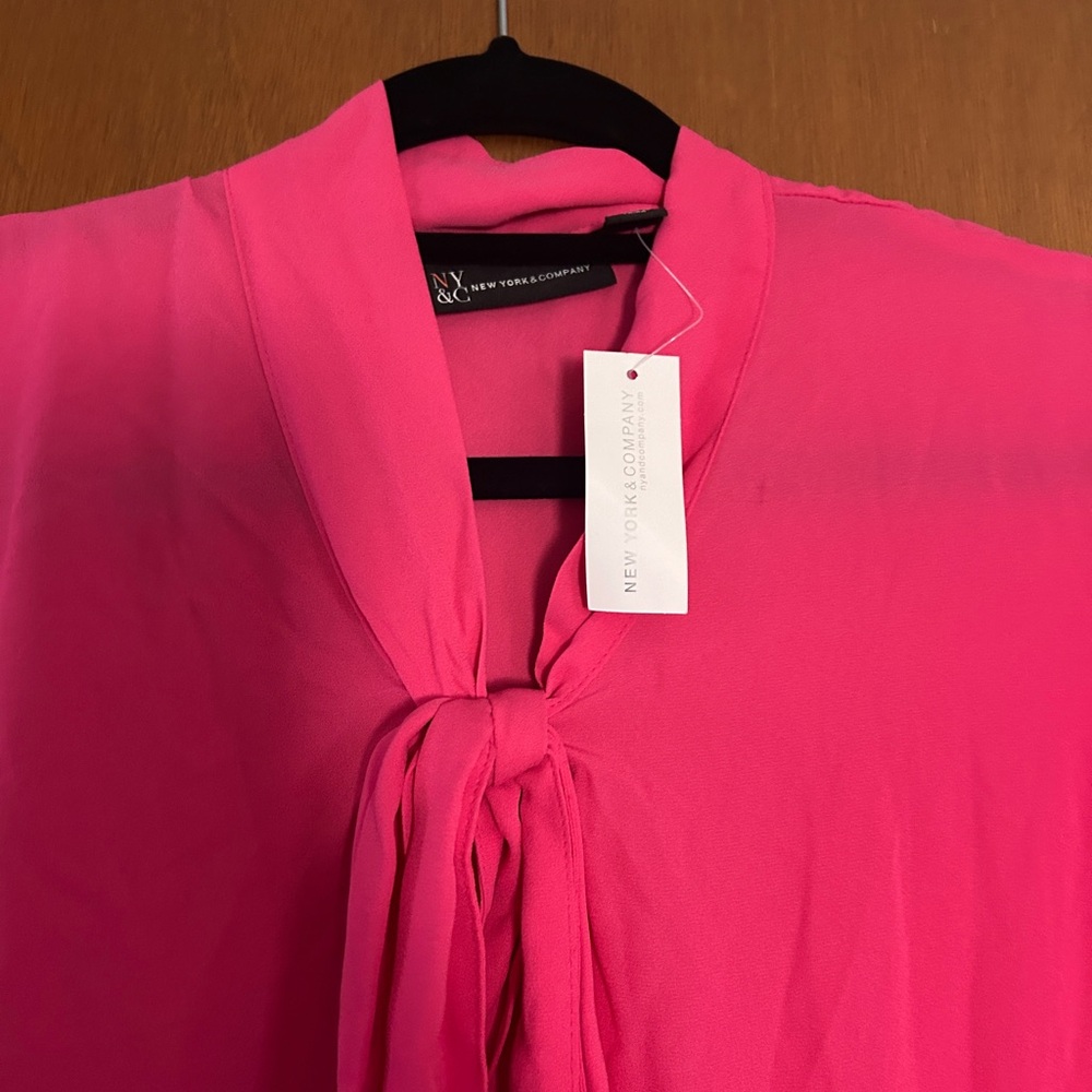 New York & Company Hot Pink Tie-Neck Ruffle Sleeve Blouse - Picture 4 of 6